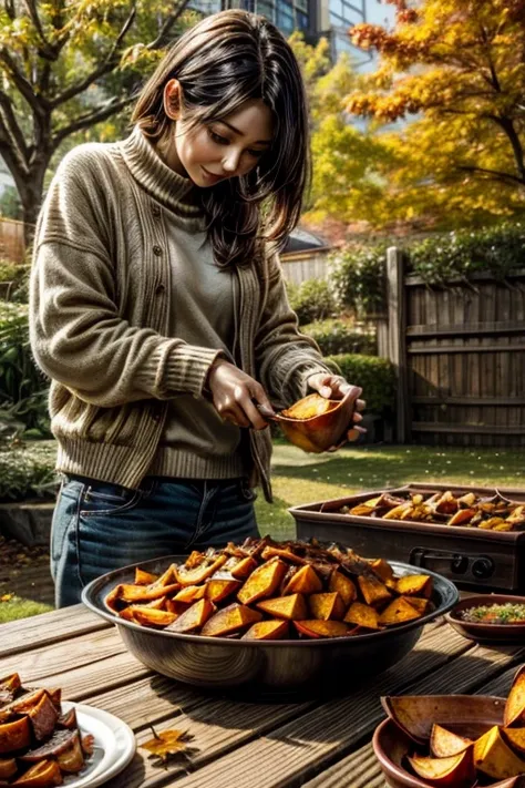 autumnal leaves、garden、roasting sweet potatoes with fallen leaves、