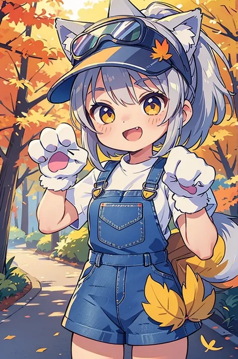 (masterpiece, best quality:1.1),(chibi,chibi-girl,japanese,cat-ear headband,((Paw shaped Gloves)),detailed paw gloves,claw pose,BREAK (15yo,cute,silver hair,ponytail,wolf-ear,sun-visor, gloves,middle small breasts,wolf-tail,), very happy, BREAK (Street of ...