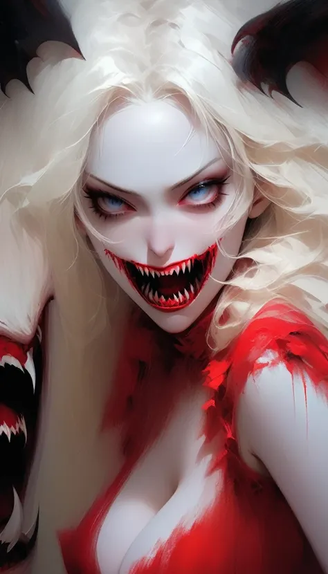 (masterpiece), best quality, expressive eyes, perfect face,beauty vampire girl, blue eyes, pale skin, blonde long hair, open mouth, (blood in mouth:1.1), (huge fangs in mouth:1.8), seductive menace, (massive saggy breasts:1.5), (tiny red micro tube dress:1...