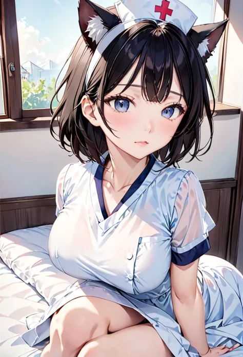 bedroom、morning,(((lie down on a queen size bed)))、thin、cute、One Woman、Seduce、(((Nurse uniform)))、Black Hair, Big Breasts、(((Shy)))、First Person View、Anatomically correct、、Your complexion looks good、Look at my face、Embarrassing、Alone, View your viewers, Ta...