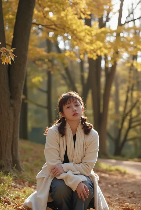 woman, alone, in the autumn forest、tree漏れ日が差し込む中、長いスカーフと厚手のコートを羽織ったwomanが静かにベンチに座り、gazing into the distance。tree々the leaves are ...