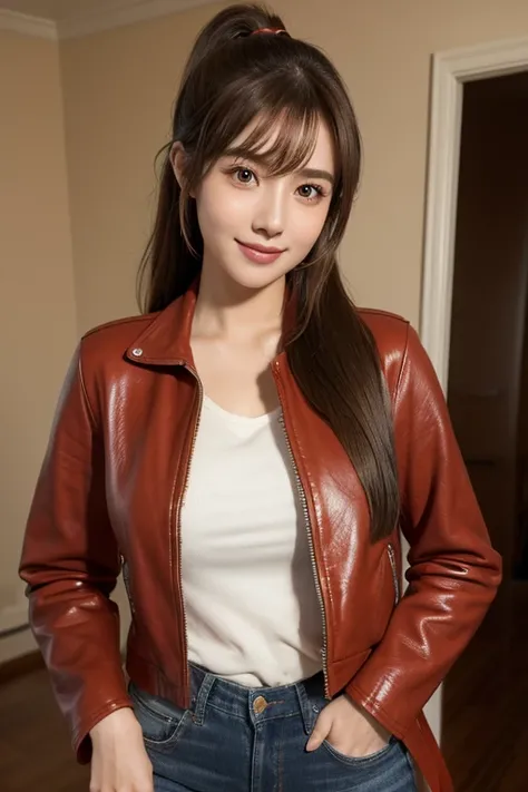 High resolution,bangs,Brown Hair, Long Hair, Brown eyes、Large Breasts, smile, Model body type、165 cm、24 years old、Beautiful Face、Natural Makeup、smile、Thinning ponytail eyebrows、Japanese、Game、Claire from Resident Evil Re2、Cosplay Costumes、Red Leather Jacket...