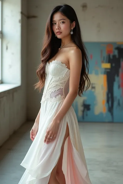 An 18-year-old Thai woman with long hair, wearing a sleek asymmetrical dress. The top is designed like a structured white corset with delicate lace details and sheer mesh panels, adding a touch of elegance. The asymmetrical skirt flows gracefully, made of ...