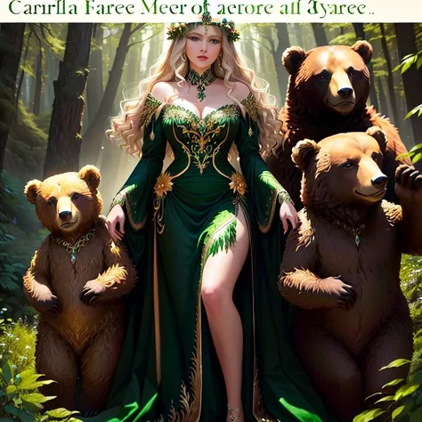 araffes in a green dress with bears in the background, Queen of the Forest, bears, Goddess of the forest, Carol for UHD, Derek Zabroki, four humanoid bears, inspired by Hedy Xandt, Alexander Kobey, by Nikola Avramov, Alexandra Kukharsky, Galen Dara