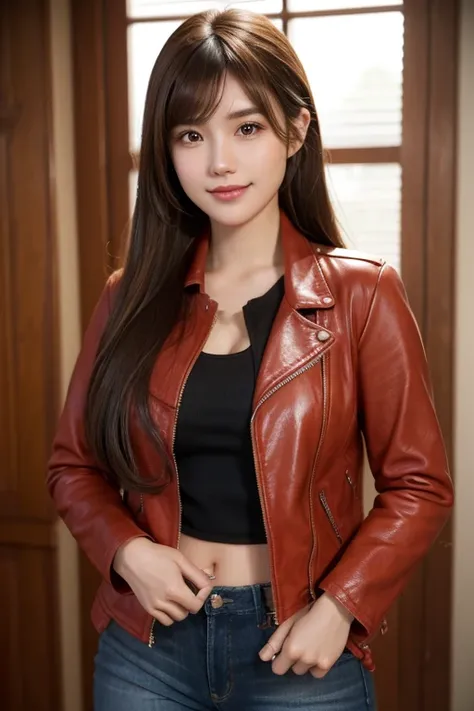 High resolution,bangs,Brown Hair, Long Hair, Brown eyes、Large Breasts, smile, Model body type、165 cm、24 years old、Beautiful Face、Natural Makeup、smile、Thinning ponytail eyebrows、Japanese、Game、Claire from Resident Evil Re2、Cosplay Costumes、Red Leather Jacket...