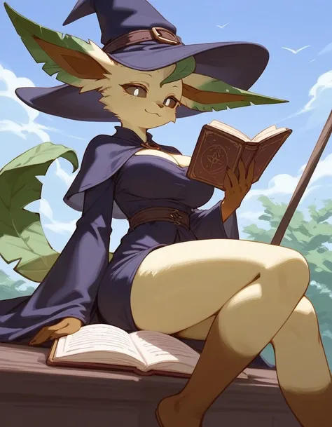 alone, score_9,score_8_up,score_7_up, anthro female leafeon, brown sclera, white eyes, bald head, big breasts, hourglass figure, carefree tone, smile, witch hat, witch robes, night sky, holding and reading a book, sitting on a flying broom 