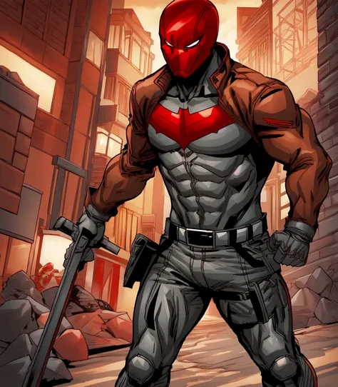 rhdc, a man, red helmet, brown leather jacket, gray skintight suit, black gloves, belt, red bat symbol, 8k. 16k, masterpiece,