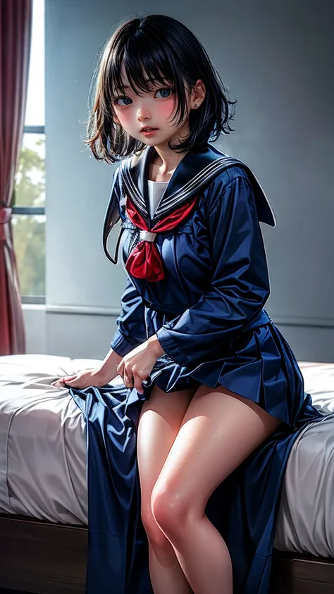 Viewer attention required,Please redeem、Shy expression、((Skirt flip))、Touching the skirt、White panties、 4K, High resolution, whole body、bedroom、Very detailed, Realistic:1.37, NFSW, Studio Lighting, Vibrant colors,cute、Junior high school students、1 person、B...