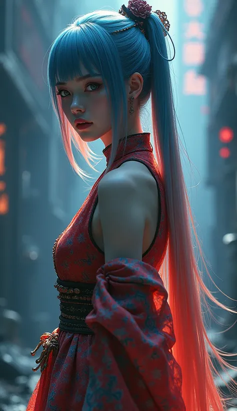 Hyperrealistic, 8k resolution. Whole-body portrait. A stunning and captivating dark fantasy artwork featuring a powerful and enchanting female protagonist. She stands tall with her straight neon rainbow hair cascading down her back, framing her piercing gr...