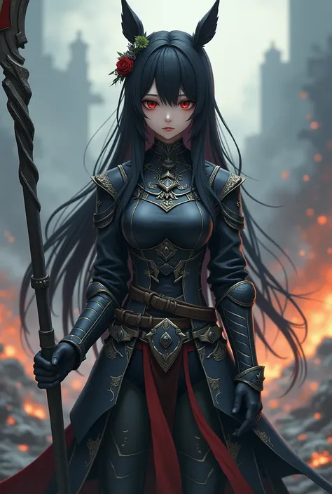 (best quality, 4K, masterpiece :1.3, 8k, ultra-detailed, ultra-masterpiece), girl, ultra-detailed face, detailed lips, detailed eyes, double eyelid, sad, (((battlefield))), warrior, (((holding a scythe))), horse tail ((red eyes, black hair)), ((((Armor cov...