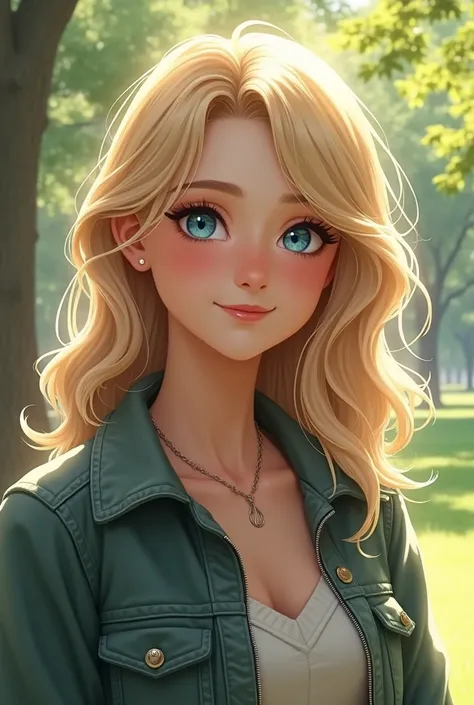 masterpiece, best quality, 1girl, beautiful, fine, delicate, extremely intricate, detailed, blonde hair, jacket, blue eyes, ((masterpiece)), extremely detailed, best quality, high resolution, ((at a park)), Bridget, smile,  