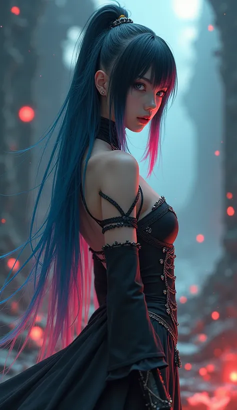 Hyperrealistic, 8k resolution. Whole-body portrait. A stunning and captivating dark fantasy artwork featuring a powerful and enchanting female protagonist. She stands tall with her straight neon rainbow hair cascading down her back, framing her piercing gr...