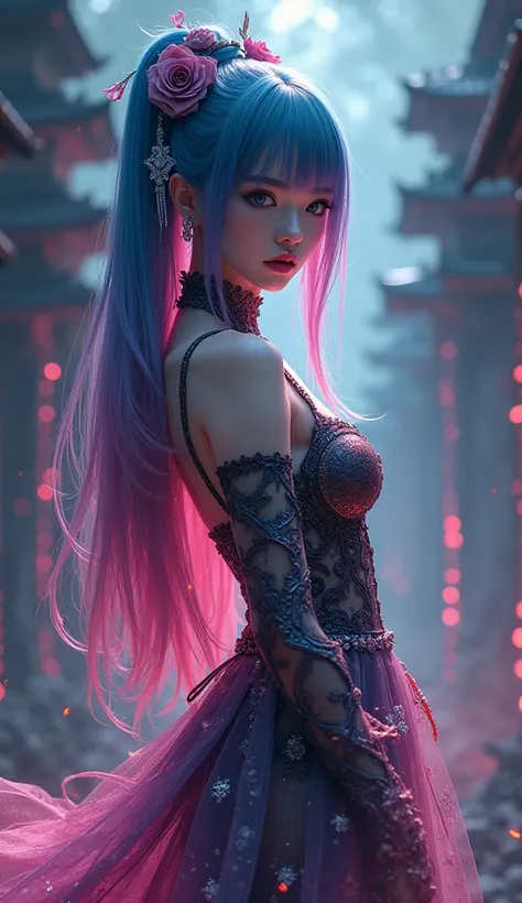 Hyperrealistic, 8k resolution. Whole-body portrait. A stunning and captivating dark fantasy artwork featuring a powerful and enchanting female protagonist. She stands tall with her straight neon rainbow hair cascading down her back, framing her piercing gr...