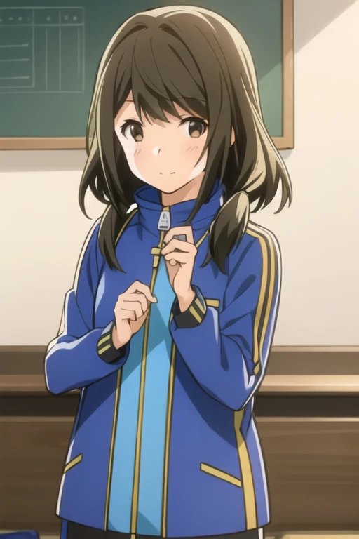 (((Best quality))), ((Ultra-detailed)), ((illustration)), ((Disheveled hair)), ((frilld)), (1 girl),(Solo),1girl, bangs, blue jacket, blush, closed mouth, jacket, looking at viewer, solo, track jacket, upper body, zipper, brown eyes, brown hair, Shoulder-l...