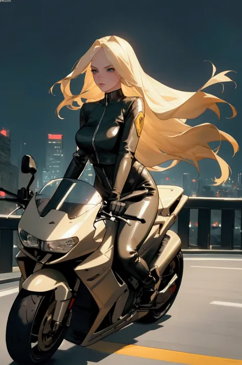 beautiful blonde woman with long straight hair and symmetrical bangs, riding on a sports motorcycle, wearing a black leather outfit with a deep neckline, detailed facial features, realistic, photorealistic, 8k, highly detailed, masterpiece, cinematic light...