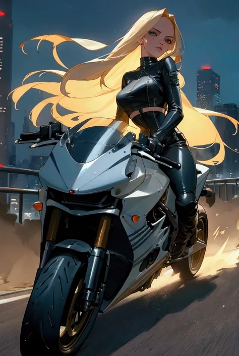 beautiful blonde woman with long straight hair and symmetrical bangs, riding on a sports motorcycle, wearing a black leather outfit with a deep neckline, detailed facial features, realistic, photorealistic, 8k, highly detailed, masterpiece, cinematic light...