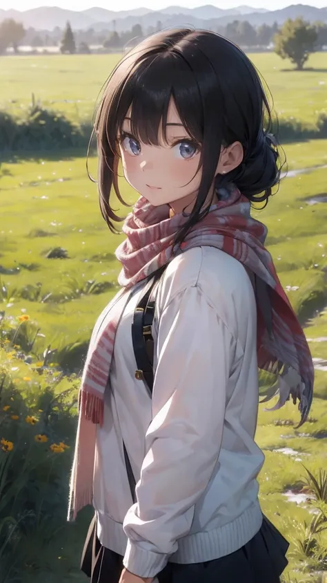 8k, Please redeem, masterpiece, Realistic, Super detailed, photo Realistic, Improved quality, A photo of a girl wearing a scarf standing in a field, designer&#39;Dark and gloomy style, Large lump, , Calm expression, Jagged Edges, navy, Natural beauty, Clos...