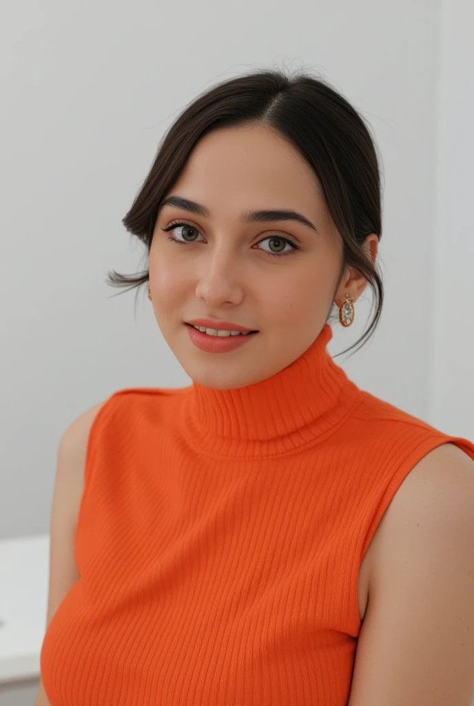 a captivating portrait of a young woman with a beautiful face, adorned with elegant earrings. she wears an orange turtleneck swe...