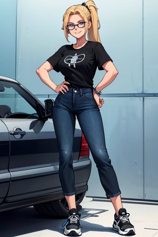 female, blonde long hair in ponytail, blue eyes, (((1girl))), (((black t-shirt, untucked))), (blue denim pants), (black and white tennis shoes), (glasses), cute and sexy, full body, modest breasts, long legs, smiling