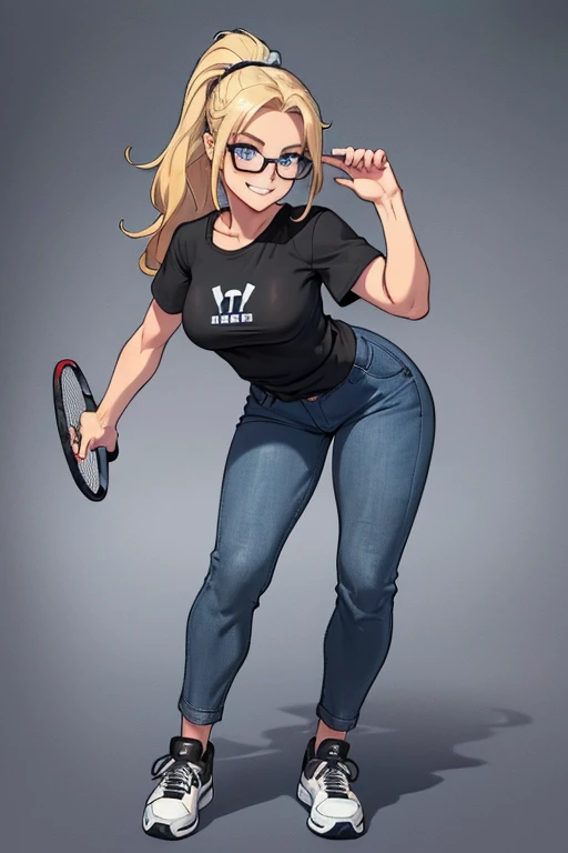 female, blonde long hair in ponytail, blue eyes, (((1girl))), (((black t-shirt, untucked))), (blue denim pants), (black and white tennis shoes), (glasses), cute and sexy, full body, modest breasts, long legs, smiling