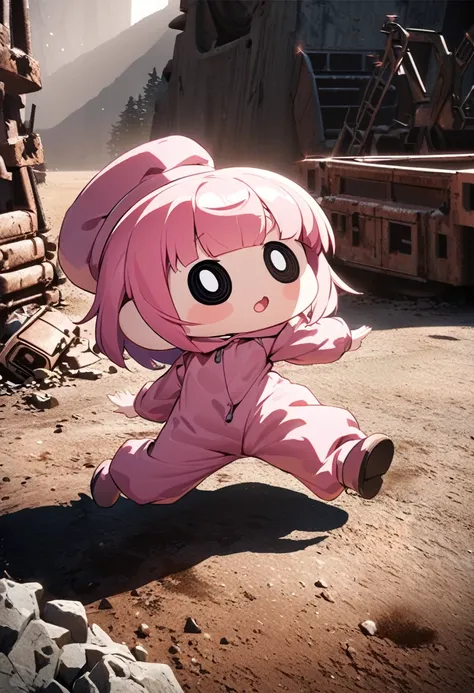 kawaii chibi character girl, cartwheeling in the air with a pink Uzi, pink bob haircut, cute big round eyes, wearing baggy pink jumpsuit, baggy hat, background wilderness, rusty freight cars, conceptual installation art, delicate and dynamic textures, cont...