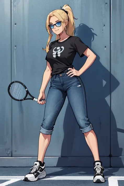 female, blonde long hair in ponytail, blue eyes, (((1girl))), (((black t-shirt, untucked))), (blue denim pants), (black and white tennis shoes), (glasses), cute and sexy, full body, modest breasts, long legs, smiling