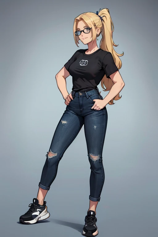 female, blonde long hair in ponytail, blue eyes, (((1girl))), (((black t-shirt, untucked))), (blue denim pants), (black and white tennis shoes), (glasses), cute and sexy, full body, modest breasts, long legs, smiling