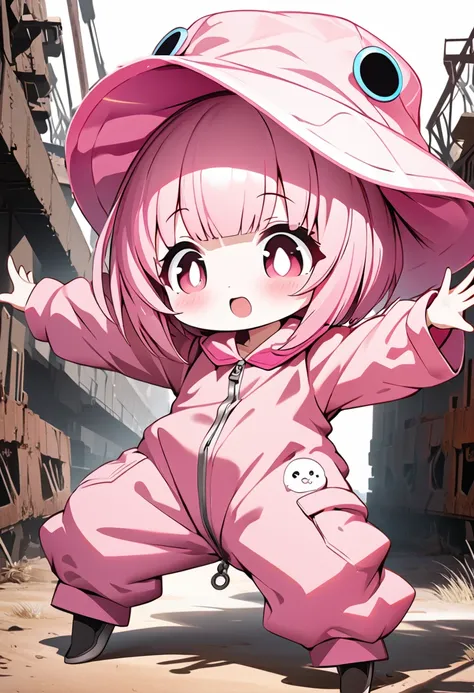 kawaii chibi character girl, cartwheeling in the air with a pink Uzi, pink bob haircut, cute big round eyes, wearing baggy pink jumpsuit, baggy hat, background wilderness, rusty freight cars, conceptual installation art, delicate and dynamic textures, cont...