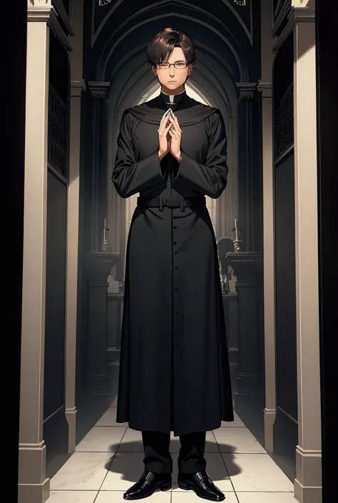 realistic portrait of a short-haired brown-haired priest wearing glasses, long black cassock, holding .45 caliber firearms in both hands, full symmetrical body, highly detailed, cinematic lighting, photorealistic, 8k, best quality