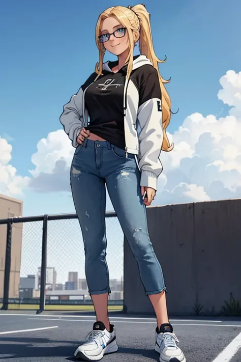 female, blonde long hair in ponytail, blue eyes, (((1girl))), (((black t-shirt, untucked))), (white hoodie jacket), (blue denim pants), (black and white tennis shoes), (glasses), cute and sexy, full body, modest breasts, long legs, smiling