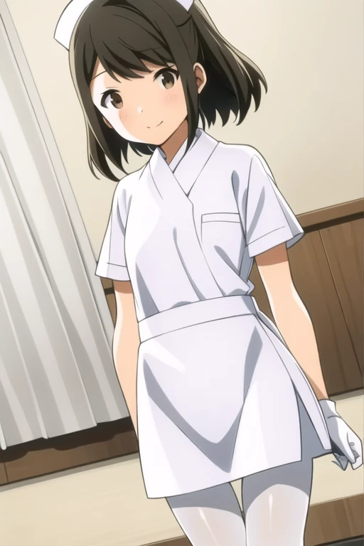 (((Best quality))), ((Ultra-detailed)), ((illustration)), ((Disheveled hair)), ((frilld)), (1 girl),(Solo),Kuroko, Double tail, flat chest, alone, Nurse, ((white Nurse cap, white Nurses outfit)), ((white pantyhose, Absolute opportunity)), White gloves, Smi...