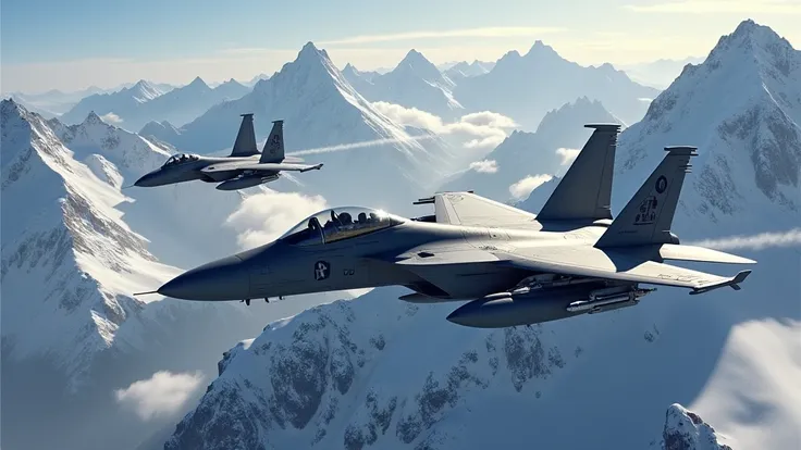 Ace Combat Zero: Two fighter planes, F-15C Eagle, over snowy mountains