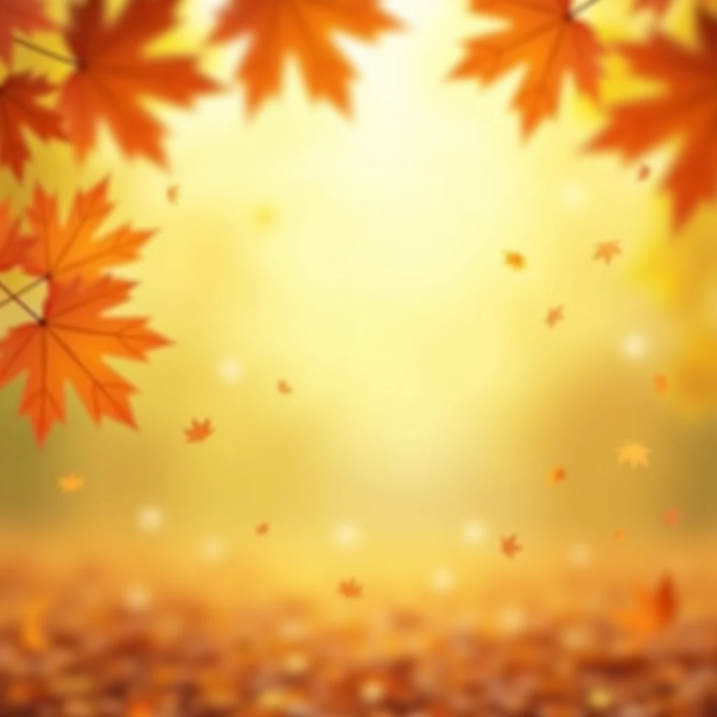 2D illustration, Autumn bokeh, beautiful autumn stock photos with leaves and bokeh lights, bokeh art with maple leaves, gold leaves in frame border, autumn colors, maple leaf gradient, pale greenish yellow and whitish orange gradient background, shallow fo...