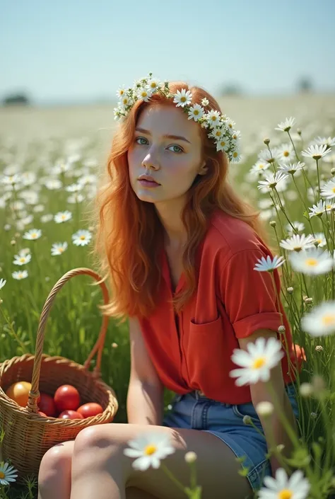 (Woman:1.2),alone, (ginger long curly hair:1.1), brown eyes, Wearing a daisy wreath on your head, Sit in a daisy field, (fruit basket:1.1), blue shorts, red shirt,,raw,photographic,photo shadows,actual,Ridiculous,Aesthetic,elegant