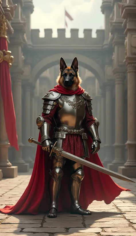 Sir Max, a courageous German Shepherd wearing shining armor and a flowing cape, practicing swordplay with a stick in the castle courtyard. His determined expression showcases his readiness for adventure.