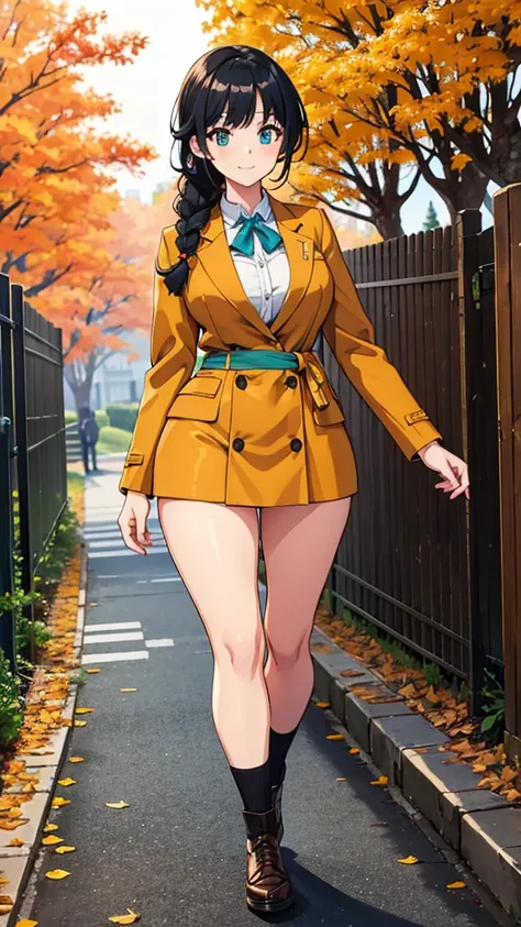 An anime-style high school girl, she has notable model-like traits, including ample, large breasts, a cinched waist, and a curvaceous, large butt. She has a baby face, a bright smile, large turquoise eyes, and long, straight, braided black hair that falls ...