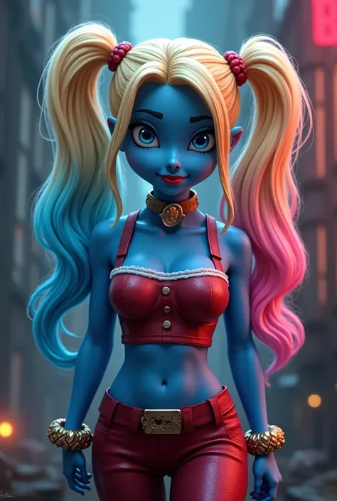 Smurfette reimagined as Harley Quinn. Long Hair, Blonde Hair, Twintails, blue and pink highlights, Breasts, Large breasts, 