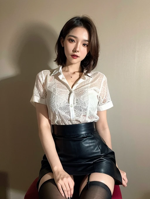 (Elite secretary in light lingerie), sit on a chair，work in the office、 (Wear pantyhose)、(short layered hair)、 Wear high heels、 (Stockings and skirt), Shirt Secretary, merchant,  Wear a shirt and a skirt, Professional attire, Business attire, Original phot...