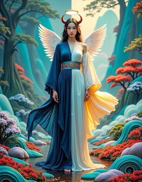 chinese girl, "a single ethereal figure split down the middle in a symmetrical composition, with one half embodying a devilish p...