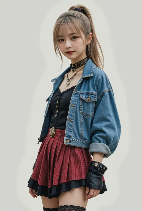 (masterpiece, best quality:1.2), 1girl, Alone、gal ,medium breasts,messy hair、Blonde,brown eye、(Slender,Gothic Dress,Nylon clothing,Denim dress,Saddle Jacket,Red tartan check pleated skirt,Ruffled legwear,sneakers:1.2) 、happy smile, smile, Open your mouth, ...