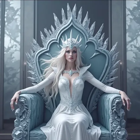 woman с короной из льда и снега в белом платье сидит на троне с кристаллами, ice queen, ice queen, Queen of Ice and Storm, emma watson as ice queen, On a throne of crystals, On the ice throne, ice sorceress, сидящий On the ice throne, ice princess, white w...