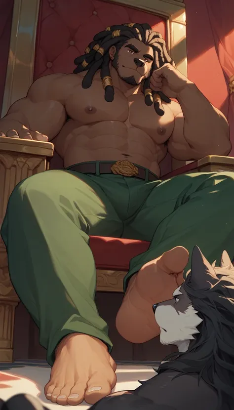 big, furry, muscular male, bara, black wolf, dreadlocks hair, mature man, sitting on throne, barefoot, green pants, topless, clo...