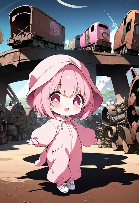 kawaii chibi character girl, cartwheeling in the air with a pink Uzi, pink bob haircut, cute big round eyes, wearing baggy pink jumpsuit, baggy hat, background wilderness, rusty freight cars, conceptual installation art, delicate and dynamic textures, cont...