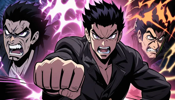 Anime style, Boy, male, Black yakuza outfit, Punch pose, Black hair, Purple eyes, angry, Night Background, revenge, HD, Illustration