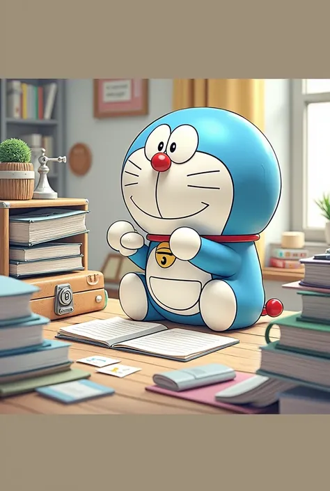 Cute blue Doraemon in 8k 3D style, detailed character design，Sitting at a desk，Write carefully，There is a desk and many books on the table.，Fine-brush photography