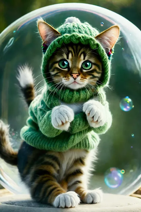 (Best Quality,Super detailed,Realistic)　A cute kitty in a green knit hat is having a ball floating in a bubble!