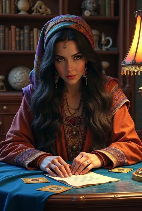 A realistic depiction of a middle-aged Romani woman, with long, wavy dark hair adorned with a colorful scarf. she has, expressive brown eyes and wears traditional bohemian clothing with rich patterns and vibrant colors. She is sitting at a dark wooden tabl...