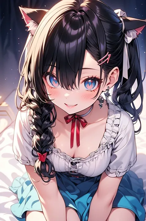 A beautiful girl in blue dress sitting on bed with little cat, anime girl, dress with ruffles, short sleeves, low-cut chest, big rounds breasts, dark brown hair, colored inner hair, red gradient hair, long bangs, french braid, hair intakes, long hair, twin...