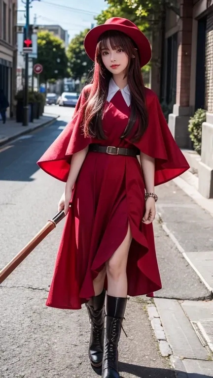 full body display、Magician Woman、20 years old、Twenty years old、Cute face、beautiful girl、Bright red mouth、smile、Red hair long hair、With bangs、Wearing a red dress、Red Hat、Wearing a red cape、Carrying a luxurious walking stick、Realistically、Best Quality、master...