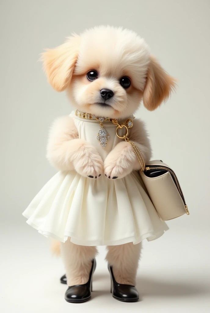 Ultra HD Photos、Real photo quality、A super cute female puppy stands like a human and dresses like a model.。This female puppy is、Dressed very trendy。In a cute white dress、She is wearing black high heels。She has a cute ivory bag slung over her shoulder.。She ...